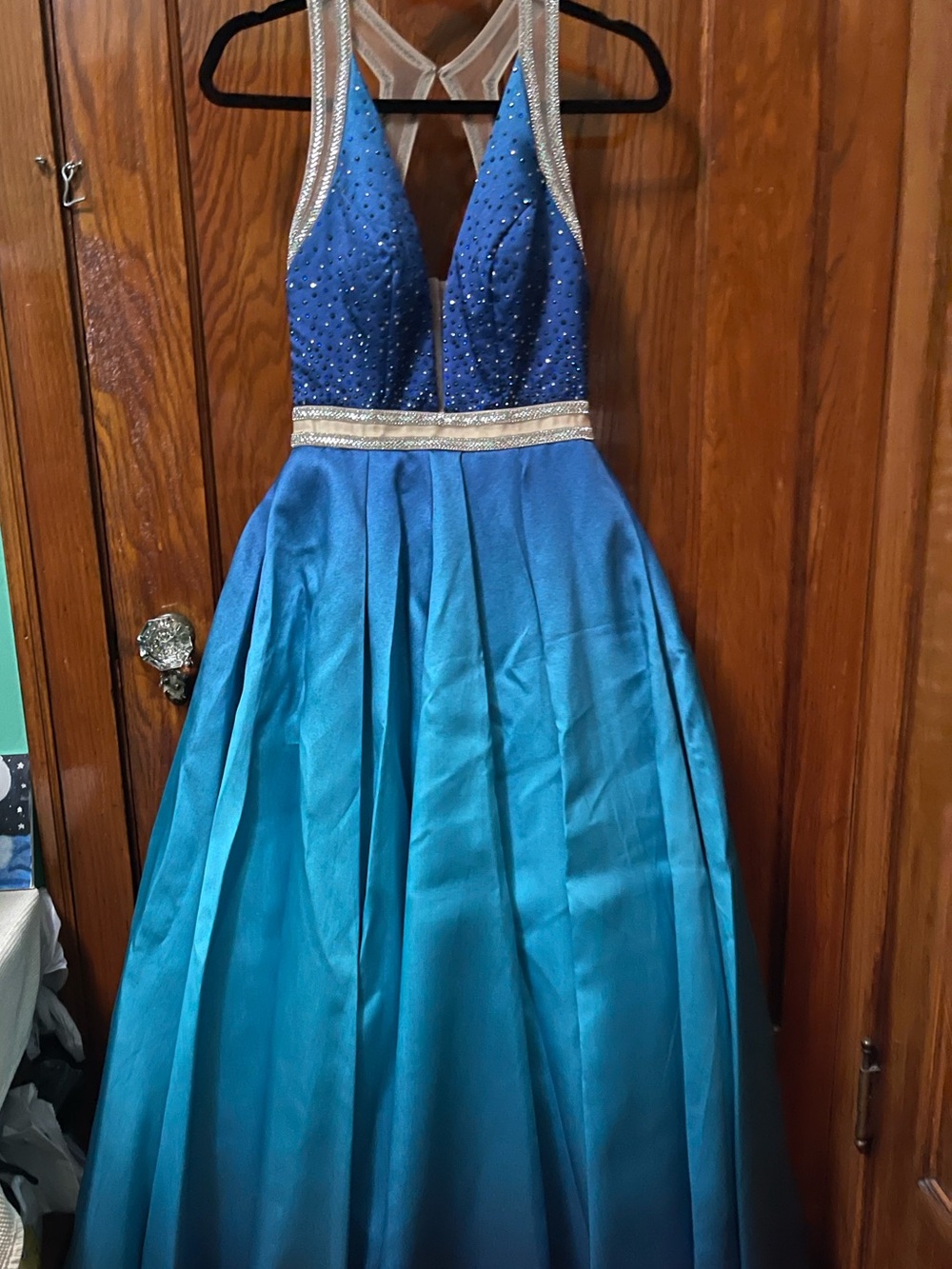 Rachel Allan Long Blue prom dress with beaded top
